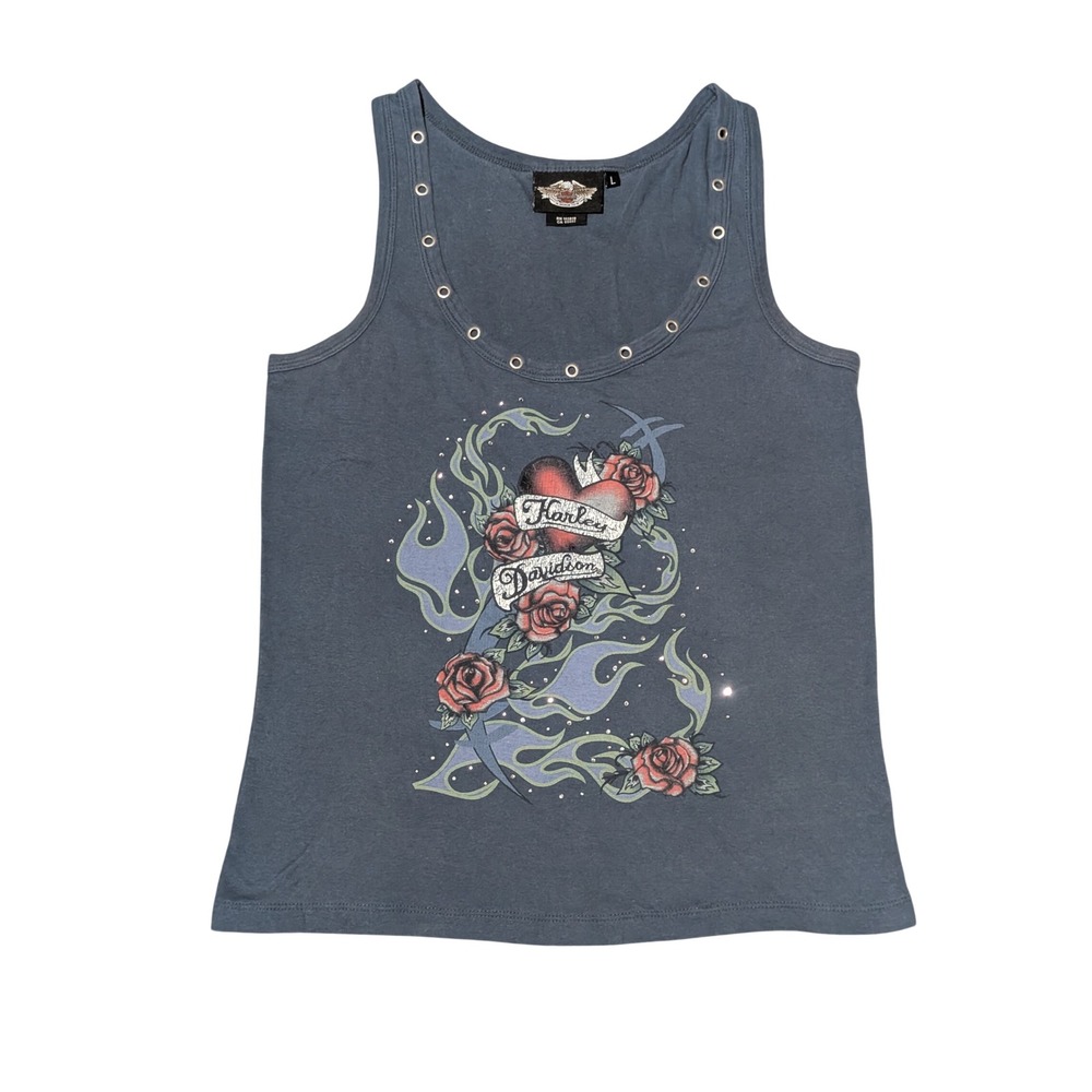 Harley Davidson Tank Top Womens L Blue Gray Rose Flame Grommet 96660-07VW Biker
